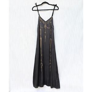 JNBY Black Satin Skeleton Print Sleeveless Midi Maxi Slip Dress